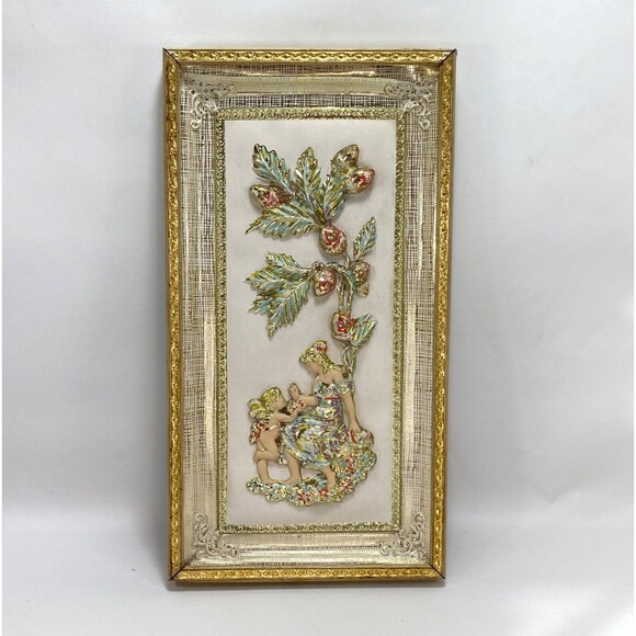 Vintage MCM Metalcraft 3D Picture Art Season Autumn Gold Pastel Woman Cupid Oak - Picture 1 of 14